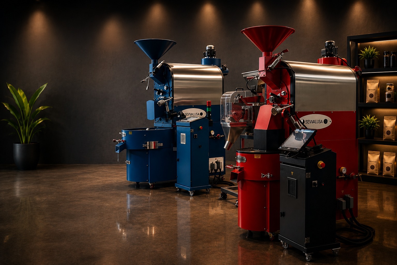 SUSA Roasters blue and red coffee roasting machines